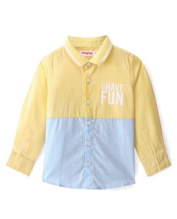 Babyhug Cotton Woven Full Sleeves Regular Rib Collar Text Printed Cut & Sew Shirt - Yellow & Blue