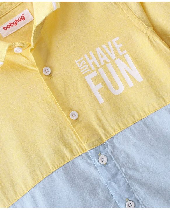 Babyhug Cotton Woven Full Sleeves Regular Rib Collar Text Printed Cut & Sew Shirt - Yellow & Blue