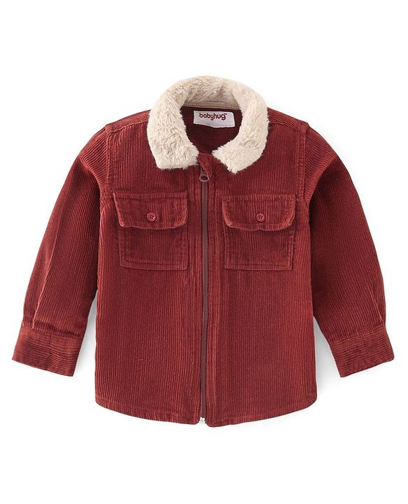 Babyhug 100% Cotton Full Sleeves Fur Collar Solid Corduroy Shirt with Front Zipper - Red