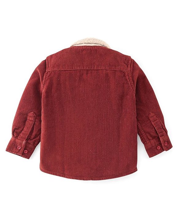 Babyhug 100% Cotton Full Sleeves Fur Collar Solid Corduroy Shirt with Front Zipper - Red