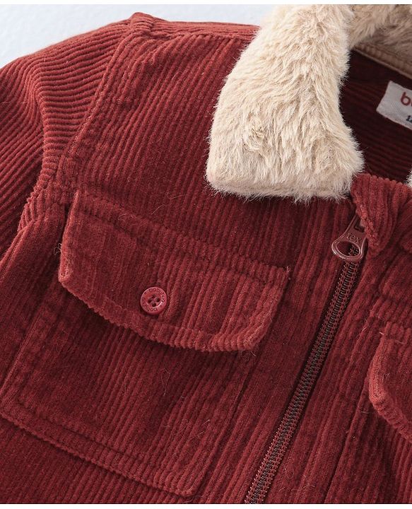 Babyhug 100% Cotton Full Sleeves Fur Collar Solid Corduroy Shirt with Front Zipper - Red