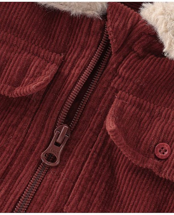 Babyhug 100% Cotton Full Sleeves Fur Collar Solid Corduroy Shirt with Front Zipper - Red