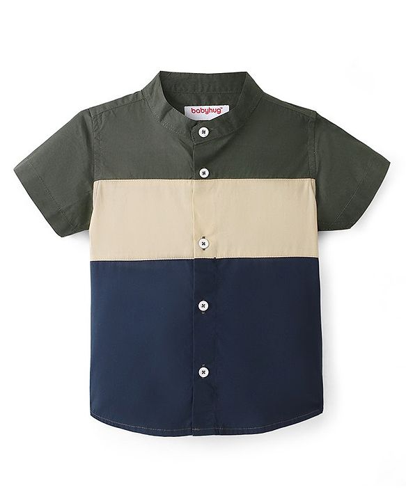 Babyhug 100% Cotton Woven Half Sleeves   Solid Cut & Sew Shirt- Green Blue & Beige