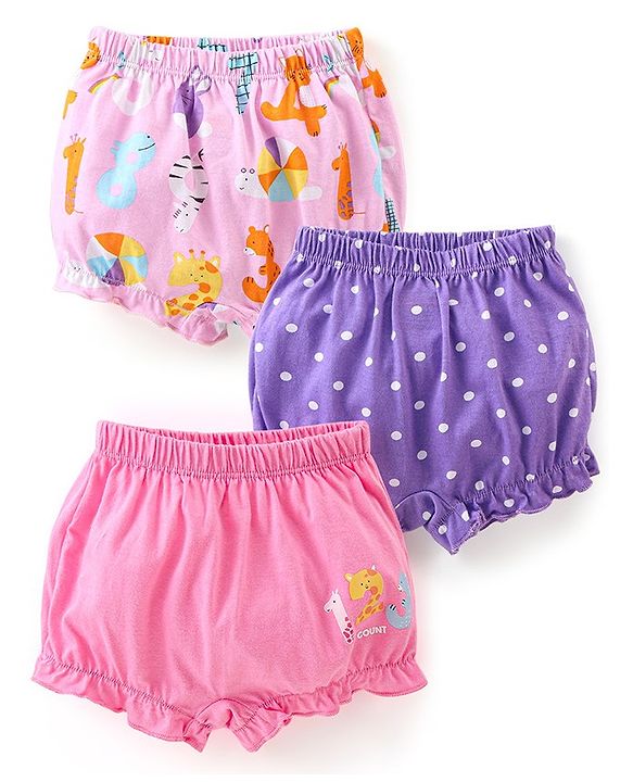 Babyhug Cotton Knit Bloomer Dots & Numbers Print Pack Of 3 - Purple & Pink