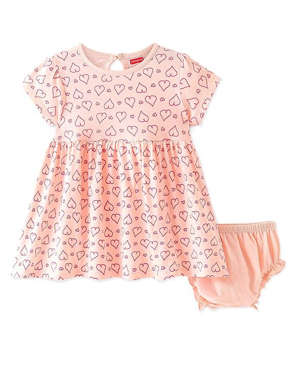 Babyhug 100% Cotton Knit Half Sleeves Frock with Bloomer Heart Print - Peach