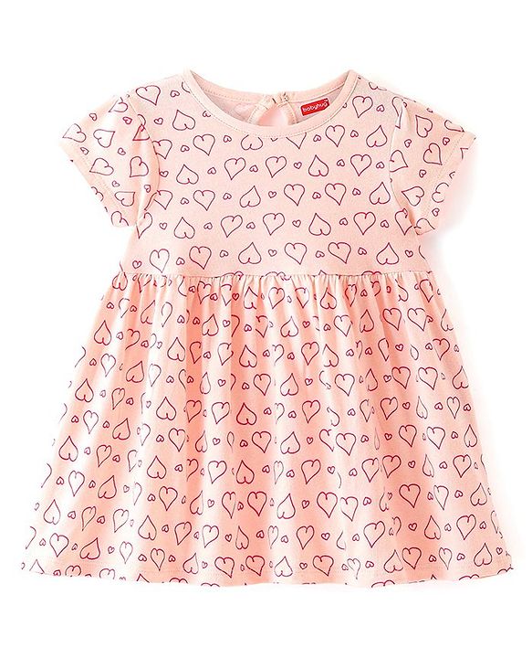 Babyhug 100% Cotton Knit Half Sleeves Frock with Bloomer Heart Print - Peach