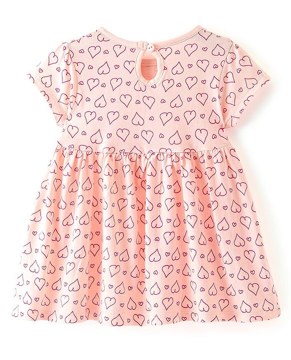 Babyhug 100% Cotton Knit Half Sleeves Frock with Bloomer Heart Print - Peach