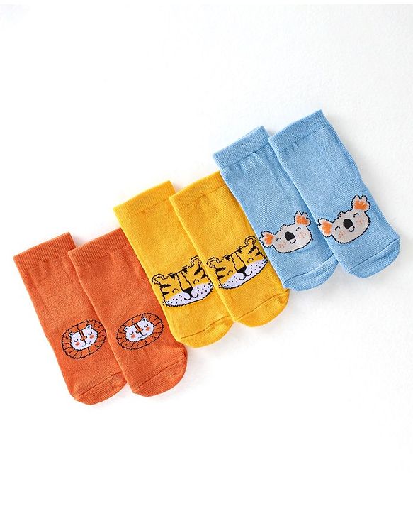Cute Walk By Babyhug Cotton Knit Anti Bacterial Ankle Length Socks Tiger Design Pack Of 3 - Multicolour