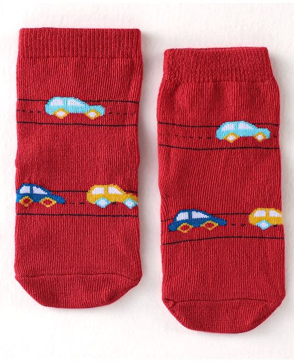 Cute Walk By Babyhug Cotton Knit Anti Bacterial Ankle Length Socks Car Design Pack Of 3 - Multicolour