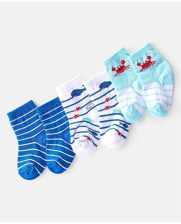 Cute Walk By Babyhug Cotton Knit Anti Bacterial Ankle Length Socks Crab Design Pack Of 3 - Multicolour