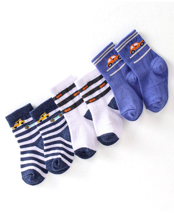 Cute Walk By Babyhug Cotton Knit Anti Bacterial Ankle Length Socks Car Design Pack Of 3 - Multicolour