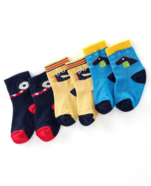 Cute Walk By Babyhug Cotton Knit Anti Bacterial Ankle Length Socks Crocodile Design Pack Of 3 - Multicolour