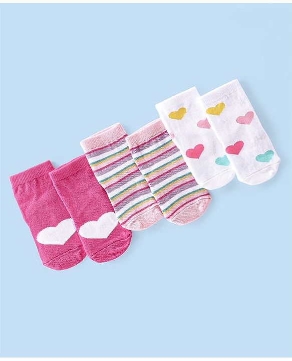 Cute Walk By Babyhug Cotton Knit Anti Bacterial Ankle Length Socks Heart Design Pack Of 3 - Multicolour