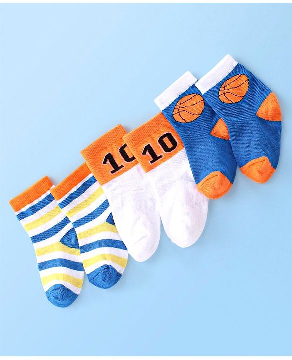 Cute Walk By Babyhug Cotton Knit Anti Bacterial Ankle Length Socks Basket Ball Design Pack Of 3 - Multicolour