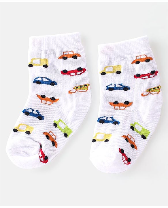 Cute Walk By Babyhug Cotton Knit Anti Bacterial Ankle Length Socks Car Design Pack Of 3 - Multicolour