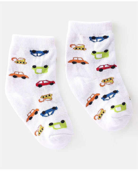 Cute Walk By Babyhug Cotton Knit Anti Bacterial Ankle Length Socks Car Design Pack Of 3 - Multicolour