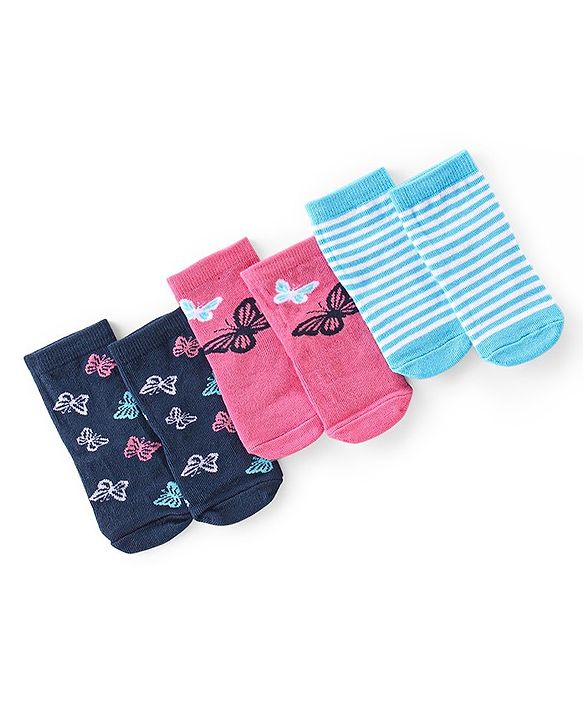 Cute Walk By Babyhug Cotton Knit Anti Bacterial Ankle Length Socks Butterfly Design Pack Of 3 - Multicolour