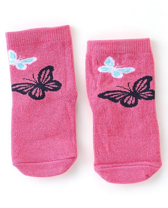 Cute Walk By Babyhug Cotton Knit Anti Bacterial Ankle Length Socks Butterfly Design Pack Of 3 - Multicolour