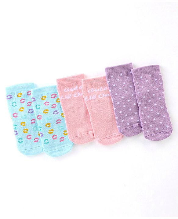 Cute Walk By Babyhug Cotton Knit Anti Bacterial Ankle Length Socks Polka Dot Design Pack Of 3 - Multicolour