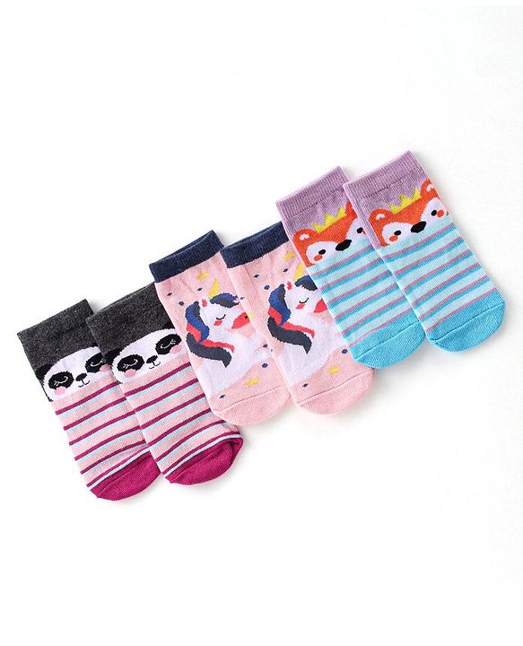 Cute Walk By Babyhug Cotton Knit Anti Bacterial Ankle Length Socks Unicorn Design Pack Of 3 - Multicolour