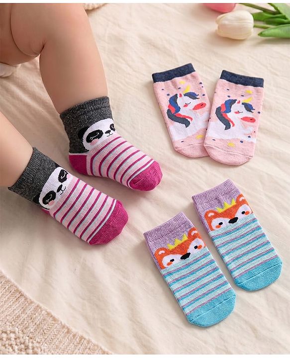 Cute Walk By Babyhug Cotton Knit Anti Bacterial Ankle Length Socks Unicorn Design Pack Of 3 - Multicolour