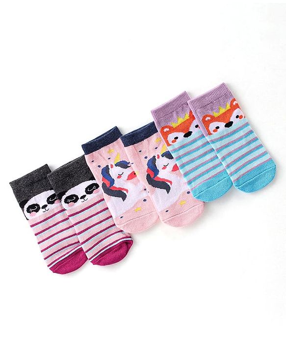 Cute Walk By Babyhug Cotton Knit Anti Bacterial Ankle Length Socks Unicorn Design Pack Of 3 - Multicolour