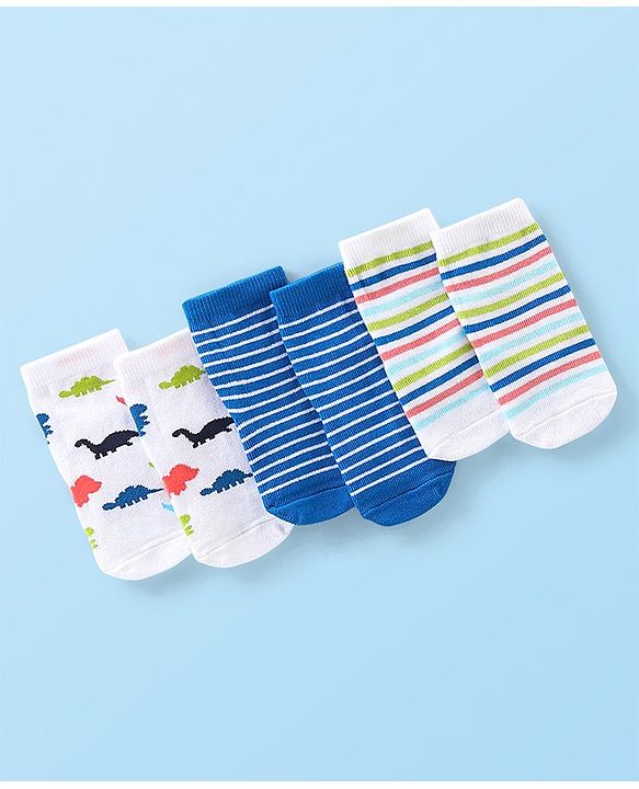 Cute Walk By Babyhug Anti Bacterial Ankle Length Socks Striped & Dino Design Pack Of 3 - Blue & White