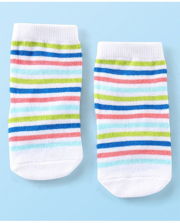 Cute Walk By Babyhug Anti Bacterial Ankle Length Socks Striped & Dino Design Pack Of 3 - Blue & White