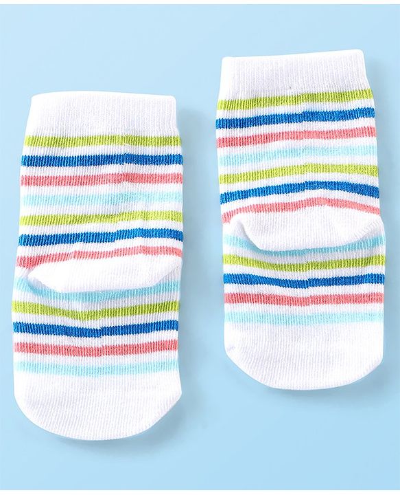 Cute Walk By Babyhug Anti Bacterial Ankle Length Socks Striped & Dino Design Pack Of 3 - Blue & White