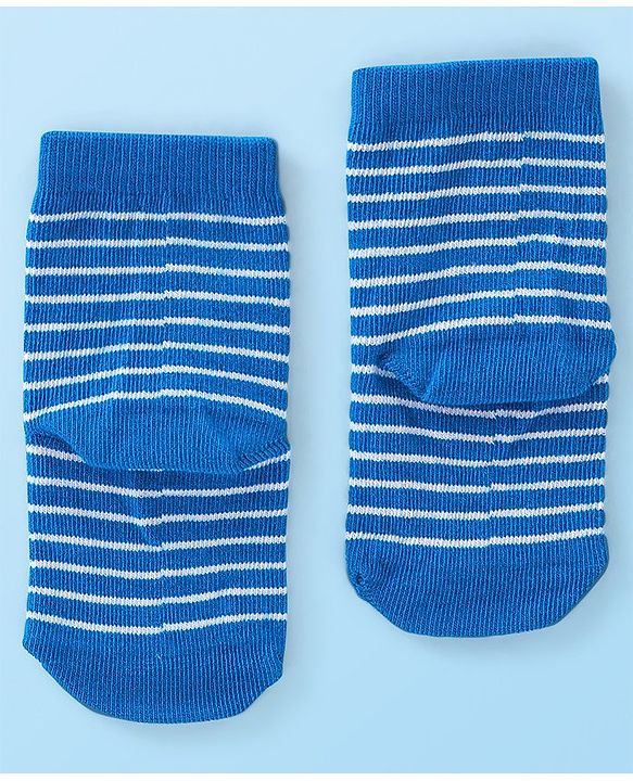 Cute Walk By Babyhug Anti Bacterial Ankle Length Socks Striped & Dino Design Pack Of 3 - Blue & White