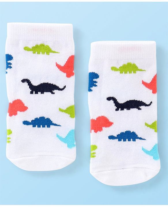 Cute Walk By Babyhug Anti Bacterial Ankle Length Socks Striped & Dino Design Pack Of 3 - Blue & White