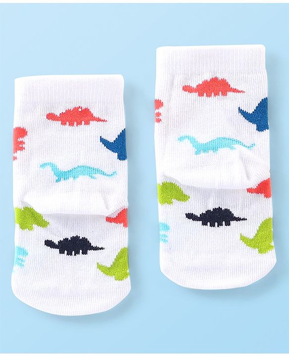 Cute Walk By Babyhug Anti Bacterial Ankle Length Socks Striped & Dino Design Pack Of 3 - Blue & White