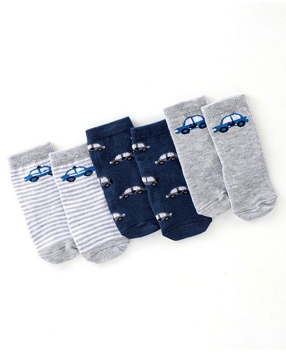 Cute Walk By Babyhug Anti Bacterial Ankle Length Socks Striped & Car Design Pack Of 3 - Blue & Grey