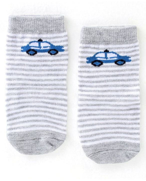Cute Walk By Babyhug Anti Bacterial Ankle Length Socks Striped & Car Design Pack Of 3 - Blue & Grey