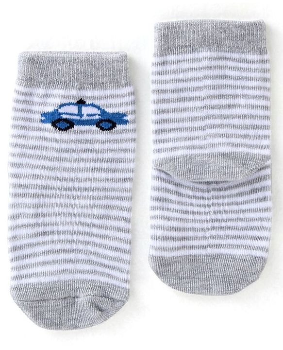 Cute Walk By Babyhug Anti Bacterial Ankle Length Socks Striped & Car Design Pack Of 3 - Blue & Grey