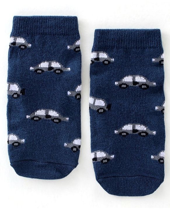 Cute Walk By Babyhug Anti Bacterial Ankle Length Socks Striped & Car Design Pack Of 3 - Blue & Grey