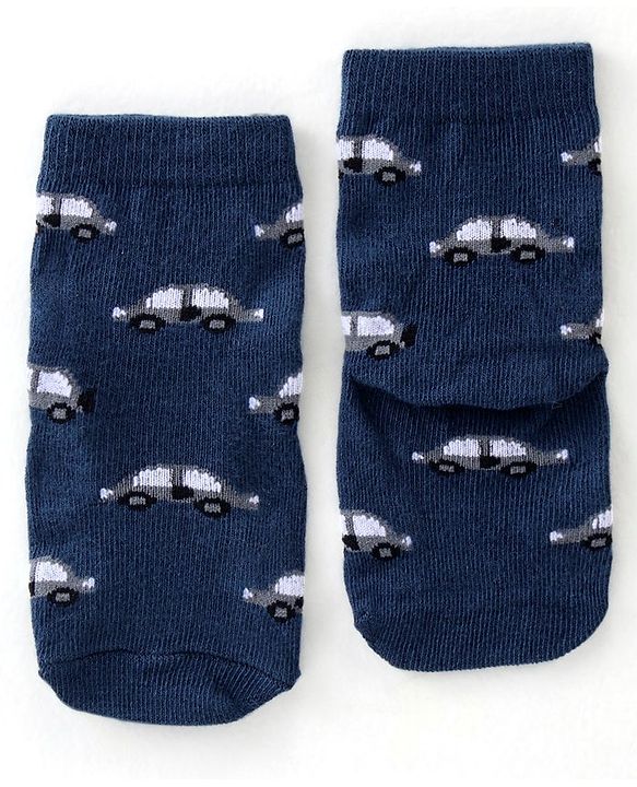 Cute Walk By Babyhug Anti Bacterial Ankle Length Socks Striped & Car Design Pack Of 3 - Blue & Grey