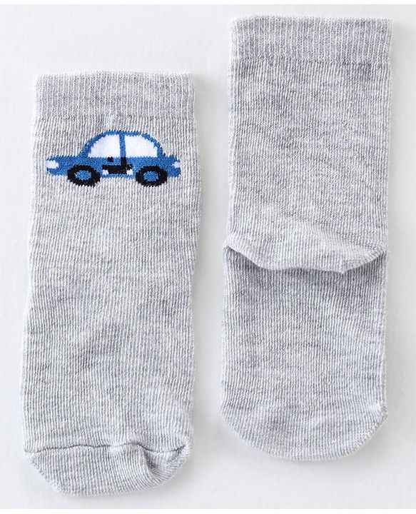 Cute Walk By Babyhug Anti Bacterial Ankle Length Socks Striped & Car Design Pack Of 3 - Blue & Grey