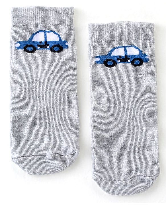 Cute Walk By Babyhug Anti Bacterial Ankle Length Socks Striped & Car Design Pack Of 3 - Blue & Grey