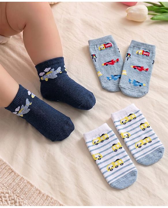 Cute Walk By Babyhug Anti Bacterial Ankle Length Socks Striped & Aircraft Design Pack Of 3 - Blue White & Grey