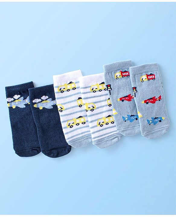 Cute Walk By Babyhug Anti Bacterial Ankle Length Socks Striped & Aircraft Design Pack Of 3 - Blue White & Grey