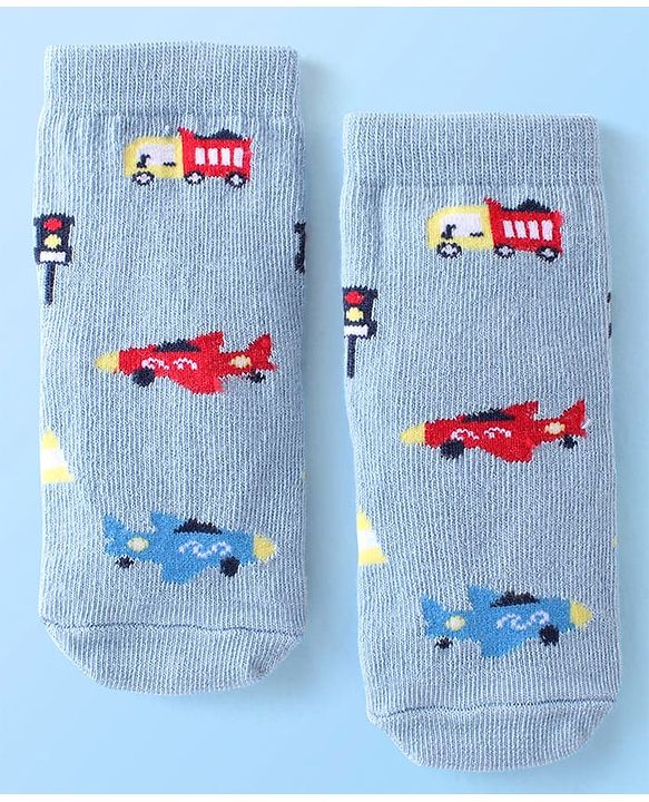 Cute Walk By Babyhug Anti Bacterial Ankle Length Socks Striped & Aircraft Design Pack Of 3 - Blue White & Grey