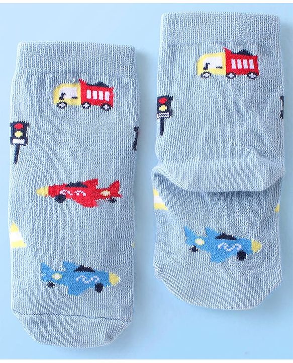 Cute Walk By Babyhug Anti Bacterial Ankle Length Socks Striped & Aircraft Design Pack Of 3 - Blue White & Grey