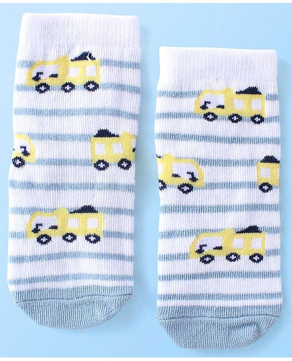 Cute Walk By Babyhug Anti Bacterial Ankle Length Socks Striped & Aircraft Design Pack Of 3 - Blue White & Grey