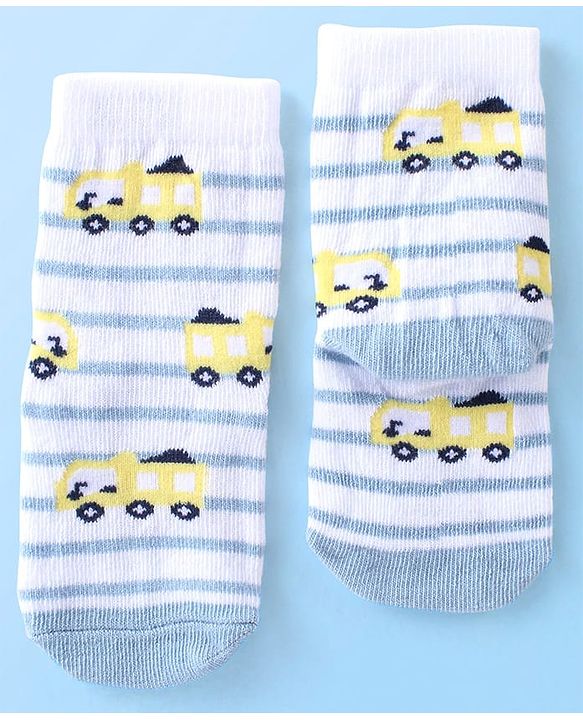 Cute Walk By Babyhug Anti Bacterial Ankle Length Socks Striped & Aircraft Design Pack Of 3 - Blue White & Grey