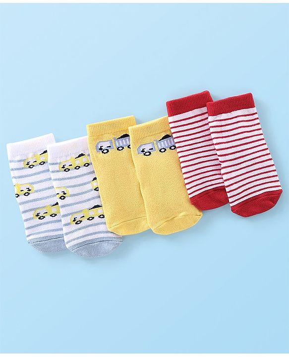 Cute Walk By Babyhug Anti Bacterial Ankle Length Socks Striped & Car Design Pack Of 3 - Red Yellow & Grey
