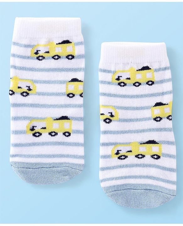 Cute Walk By Babyhug Anti Bacterial Ankle Length Socks Striped & Car Design Pack Of 3 - Red Yellow & Grey