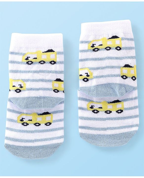 Cute Walk By Babyhug Anti Bacterial Ankle Length Socks Striped & Car Design Pack Of 3 - Red Yellow & Grey