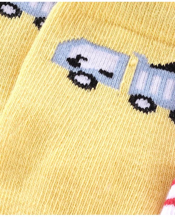 Cute Walk By Babyhug Anti Bacterial Ankle Length Socks Striped & Car Design Pack Of 3 - Red Yellow & Grey