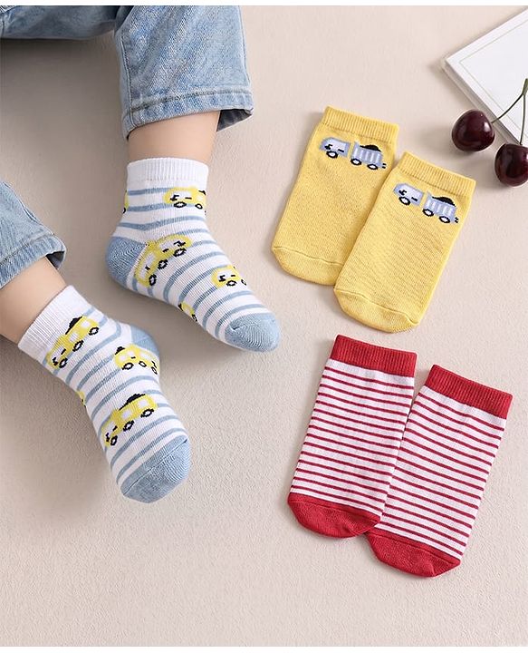 Cute Walk By Babyhug Anti Bacterial Ankle Length Socks Striped & Car Design Pack Of 3 - Red Yellow & Grey